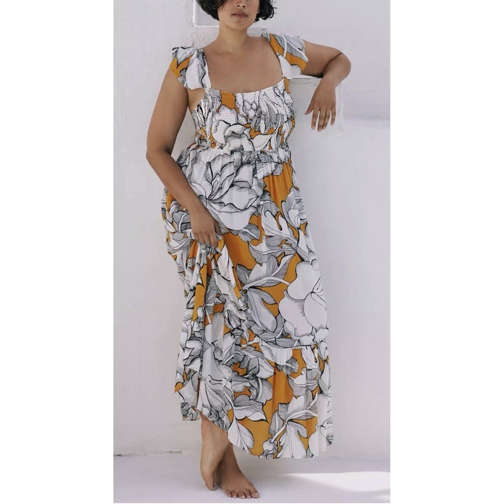 NWT Anthropologie Aleksandra Farmer Short Sleeve Smocked Floral Maxi dress Sz XL